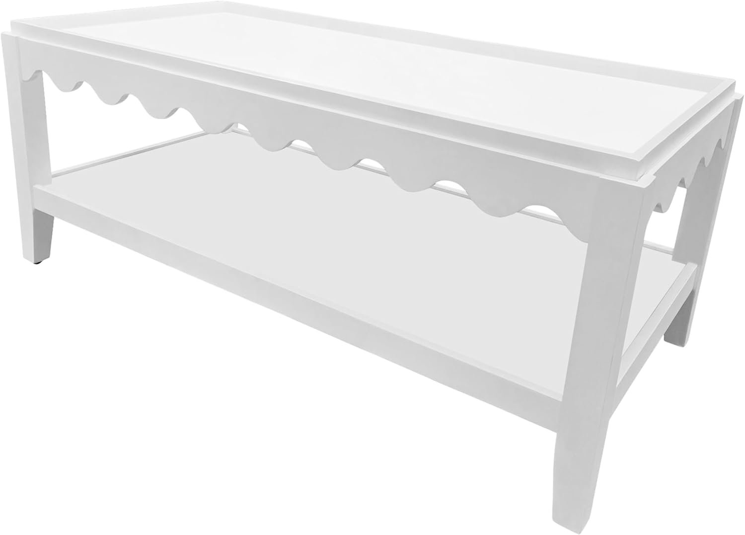 Carolina Chair & Table Scallop Coffee Table, Rectangular Mango Wood Side Table, Decorative Edge and Lower Shelf (White)