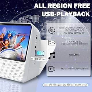 Lettore DVD Portatile Bluetooth, 4000mAh Ricaricabile Lettore DVD Region Free per Auto con altoparlanti Integrati Doppi, Compatibile CD/Bluetooth/USB/RCA/Jack Cuffie, Lettore CD Bambini con Funzi