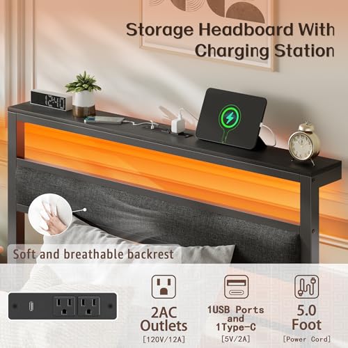 Image of OURPIC Twin Bed Frames for Kids, Metal Platform Bed Frame Twin Size with Charging Station and LED Lights, Upholstered Headboard and Storage Shelf, No Box Spring Needed, Easy Assembly