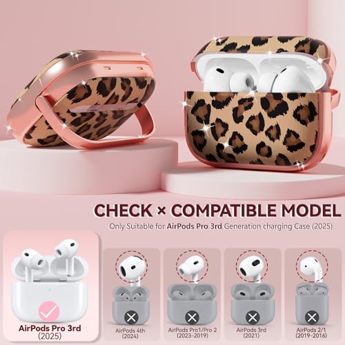 Image of Inesore for AirPods Pro 3 Case Cover 2025 with Lock-Black+ Brown Leopard | Two-Piece Design,with Gold Keychain & Clean Pen, As Phone Stand,Support Wireless Charging,Cute Luxury Case for Women Girly