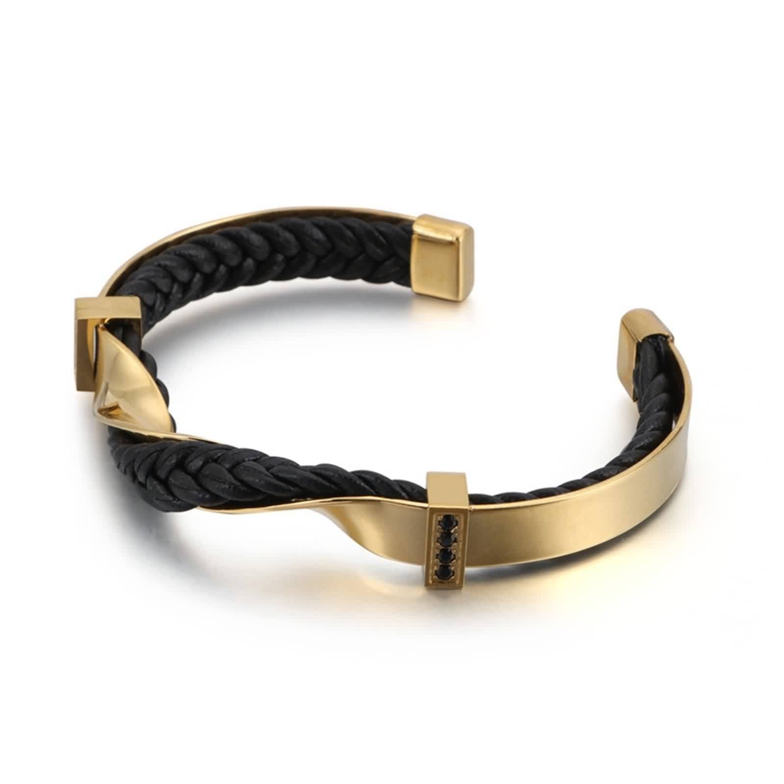 Bracelet Jonc, Bracelet Homme Cuir Reglable Acier Inoxydable Mode Courbé Ouvert Cool Bijoux Cadeau