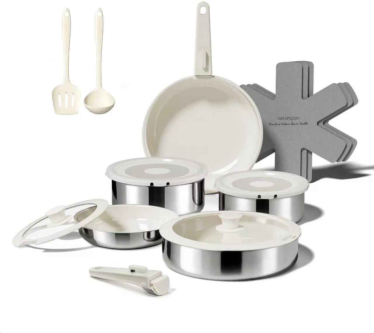 16PCS Pots and Pans Set Non Stick, Diamond-Titanium Ceramic Cookware Set & 3 Layer Stainless Steel with Detachable Handle, Induction Cookware, Non Toxic Oven/Dishwasher Safe, White