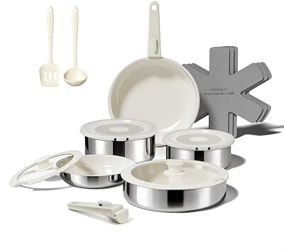 16PCS Pots and Pans Set Non Stick, Diamond-Titanium Ceramic Cookware Set & 3 Layer Stainless Steel with Detachable Handle, Induction Cookware, Non Toxic Oven/Dishwasher Safe, White