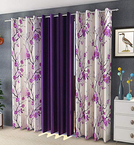 FRESH FROM LOOM Floral Window Curtains 5 Feet Long | High Tenacity Yarn Polyester Curtains | Premium Screens for Home Office | Prada for Living Room Bedroom | Dust Repellent (Set of 3pc | Purple)