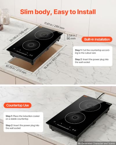 Image of VEVOR Induction Cooktop 12In 2 Burners, Built-in&Countertop Electric Stove, LED Touch & Integrated Control, 9 Power Levels, Easy-Clean Ceramic Glass, Child Lock, 1800W 110V No Plug