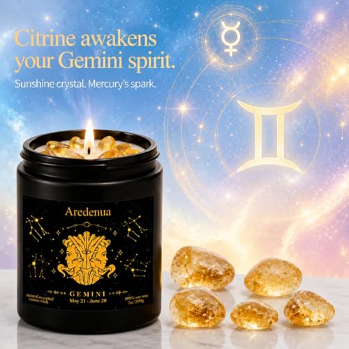 Image of Gemini Zodiac Candles, Lemon Scented Candle with Citrine Crystals