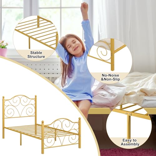 Image of VECELO Twin Size Bed Frame with Headboard and Footboard, Heavy Duty Metal Slat Support, Platform Mattress Foundation, No Box Spring Needed, Easy Assembly, Gold
