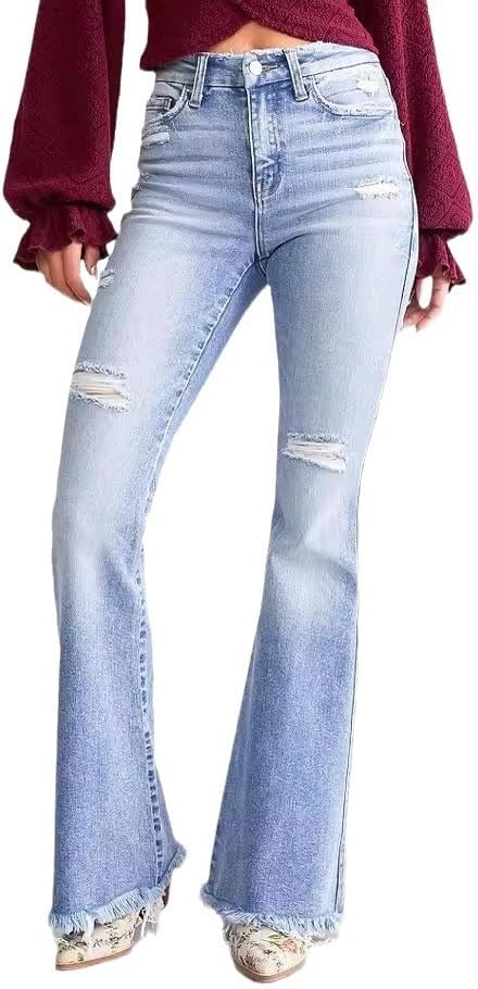 Women’s Bell Bottom Jeans Ripped High Waisted Pure Cotton Solid Color Flared Jeans