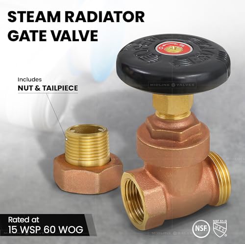 Image of Midline Valve 6I834-5 Steam Radiator Gate Valve; Air Vent Temperature Control; 1 /2 in. FIP x Male Union; Brass (5 Pack)