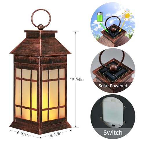 Anyperfect X3-DL11 16'' Large Solar Lantern Outdoor Waterproof, Glass Hanging Lanterns Solar With Flickering Flame Lights, Outdoor Metal Lantern Decorative For Patio Yard Garden Outside Table, Brighter, Vintage Copper thumb #3