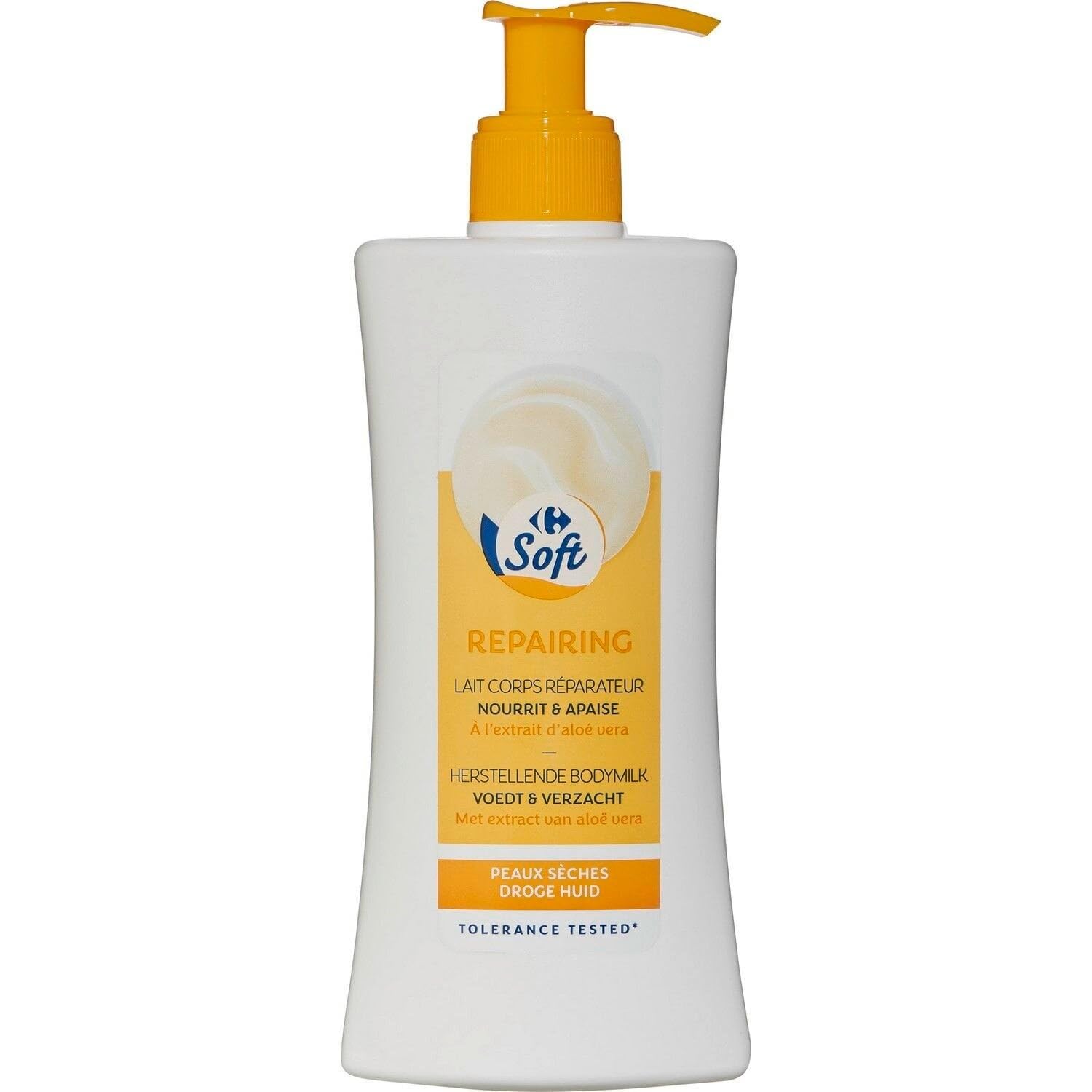 CARREFOUR SOFT - Lait Corps Hydratant et Réparateur, Aloe Vera Apaisant pour peaux sèches, Flacon 250mL - Lot De 4