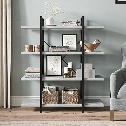BELLEZE 4 Tier Modern Rustic Industrial Bookshelf, Open Wide Office Etagere Book Shelf, Wood and Metal Bookcases with Storage Display Rack - Hazel (St