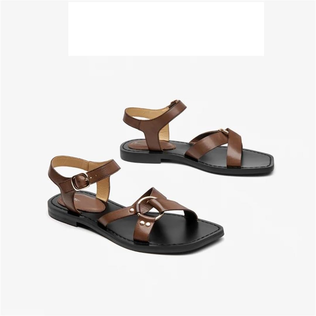 Sandalias básicas de piel de vacuno con hebilla y correa al tobillo para mujer, tacón plano, estilo casual, para verano, Brown, 40.5 EU