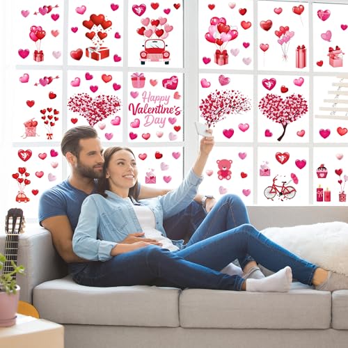 Image of 152PCS Valentine Window Clings, 11.8 x 7.8 Inches Heart-Shaped Window Decals, 9 SheetsRomantic Valentines Decorations, Double-Sided Heart Window Stickers for Anniversary, Party Holiday Decor