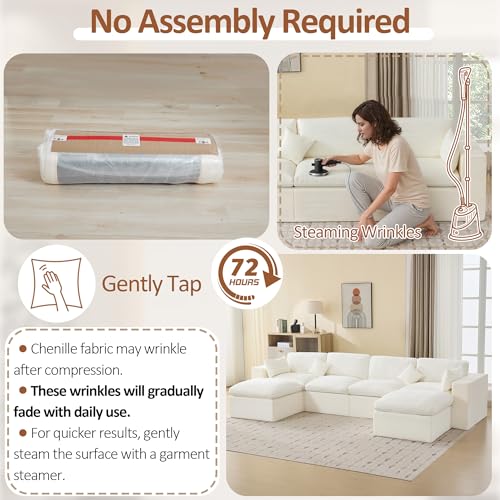 Image of 146''Cloud Boneless Sectional Couch, Modular Sectional Sofa Deep Seat with 2 Ottomans, Oversized Upholstered Convertible Comfy 6 Seater Chenille Sofa U Shape Couches for Living Room, Beige