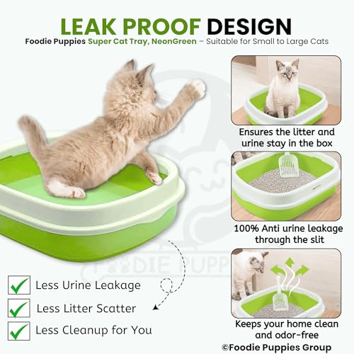 Image of Foodie Puppies Cat Litter Box Tray with Rim and Scooper - (Neon Green) (Large, 46 x 38 x 13 cm) | Semi-Closed Design and Durable Quality | Pet Litter Sand Tray Suitable for All Adult Cats & Kittens