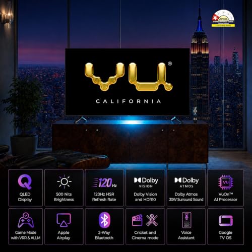 Image of Vu California 108cm (43 inches) GloQLED Smart Google 4K TV VuGLOQLEDDV 2026 | 400Nits Glo Brightness Dolby Vision Picture I Dolby Atmos 30W VuFX Sound
