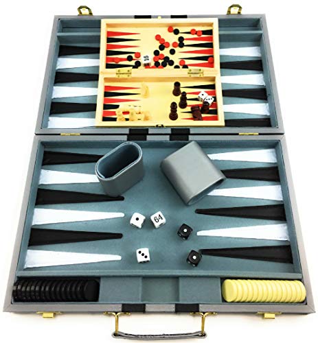 Matty's Toy Stop Deluxe 15" Backgammon Briefcase (Vinyl Gray Attache) With 3-In-1 Chess, Checkers & Backgammon Wooden Travel Games Set (8") #TOP3