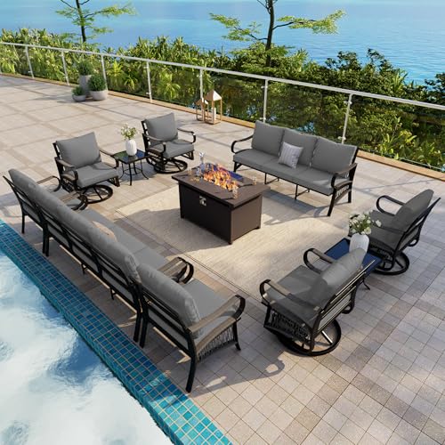 Image of 11-Piece Outdoor Furniture Set, Metal Swivel Rocking Chairs with All-Weather Cushions, Patio Conversation Set with Fire Pit Table for Deck, Porch, Garden, Backyard, Poolside (Gray Cushions)