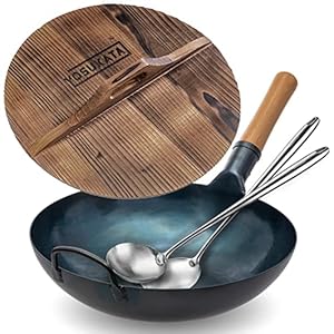 YOSUKATA Flat Bottom Wok Pan – 13.5″ + Premium Wok Cover 13,5 inch Pan Lid – 13.5″ Blue Carbon Steel Wok + 17’’ Wok Spatula and Ladle – Set of 2 Heat-Resistant Wok Tools