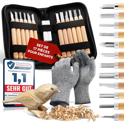 Eli® Set de sculpture pour enfants avec gants, sac et pierre à aiguiser – 12 outils de qualité – couteau avec pierre à aiguiser – pour garçons et...