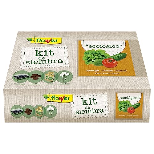 Flower - Kit de Siembra Ecológico Completo | Invernadero y Herramientas Incluidas | Ideal para Cultivar Lechuga, Tomate, Pepino | Substrato de Coco y Semillas Orgánicas, 38x24.5x9.5 cm, Semilla