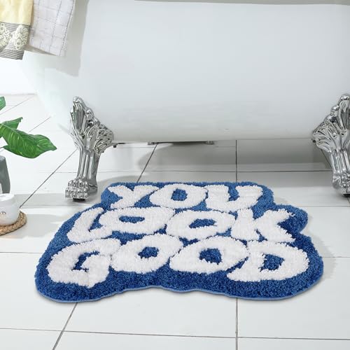 Image of TOIVO You Look Good Bath Mat - Stylish Funny Pink Bathroom Rug with Cute Words, Absorbent & Non-Slip - 25x21 inch (Blue)