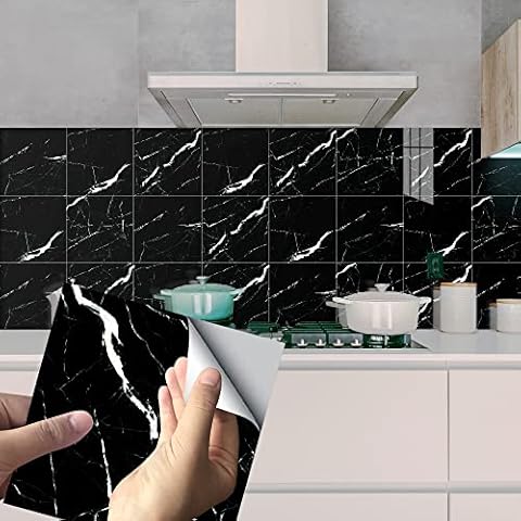 HORIWE Tile Stickers Marble 12" x 12" Self Adhesive Wall Tiles Vinyl Flooring Tiles Peel and Stick Easy DIY Kitchen and Bathroom Decorative 10Pcs (Black) Cover