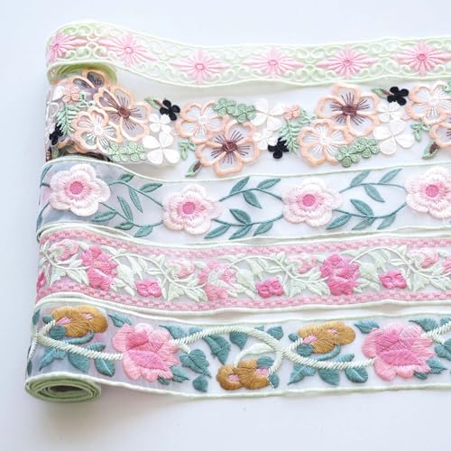 Hymyily 5種類（5m /1 m毎巻) のカラーフラワー装飾レース生地刺繍 DIYハンドメイド、祝いのギフト装飾、裁縫材料、インテリア装飾に使用（カラーミックス）