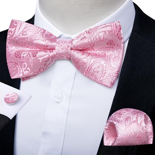 Image of DiBanGu Paisley Pre-Tied Bow Ties for Men Silk Adjustable Bowtie and Pocket Square Cufflinks for Wedding Party