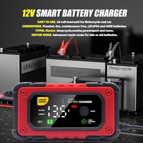 Image of Smart Saver Car Battery Charger, 12V 7A Smart Battery Charger for Cars, Bikes, Trucks Batteries and Maintainer with Repair Mode Compatible with LiFePO4, SLA, Gel, AGM and Wet Cell Batteries