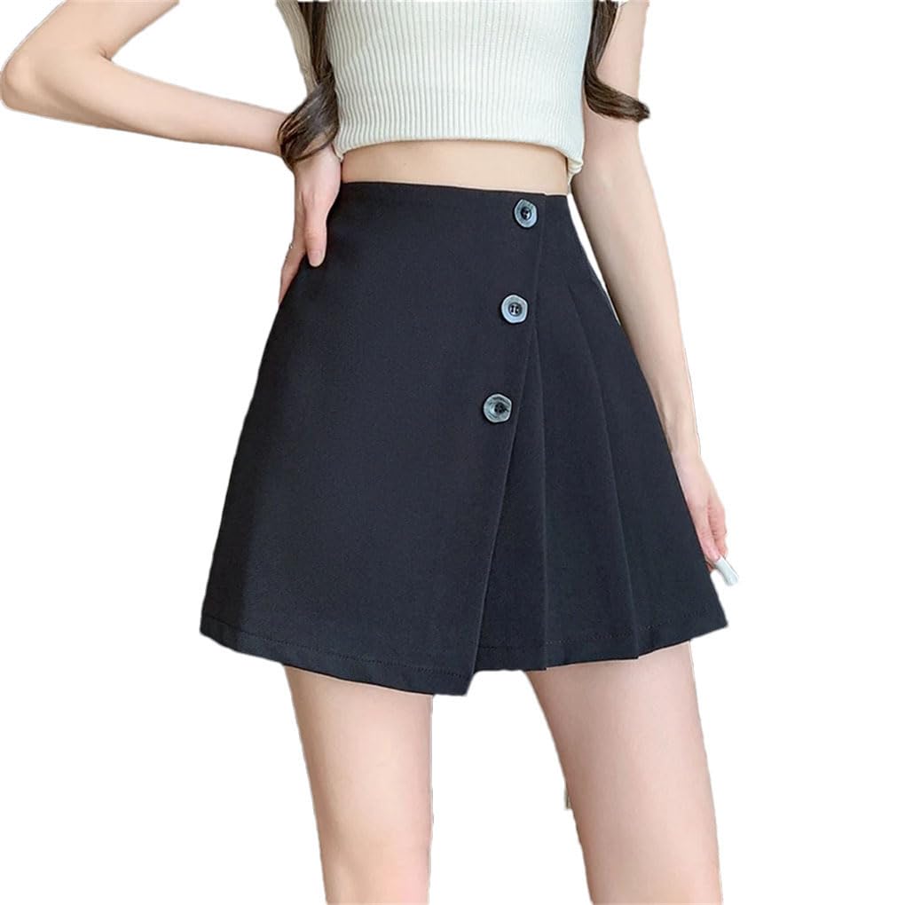 Falda corta plisada irregular para mujer, cintura alta, con botones