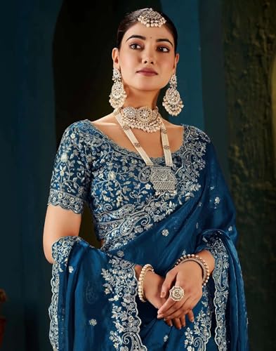 Image of DHARMEE Women's Silk Saree with Embroidered Blouse Piece, Traditional Parte Wear with Gold Border and Hand Work Lace Embellished, Solid /Plain, Applique, Woven, Bollywood Jimmy Jimmy, Satin Saree