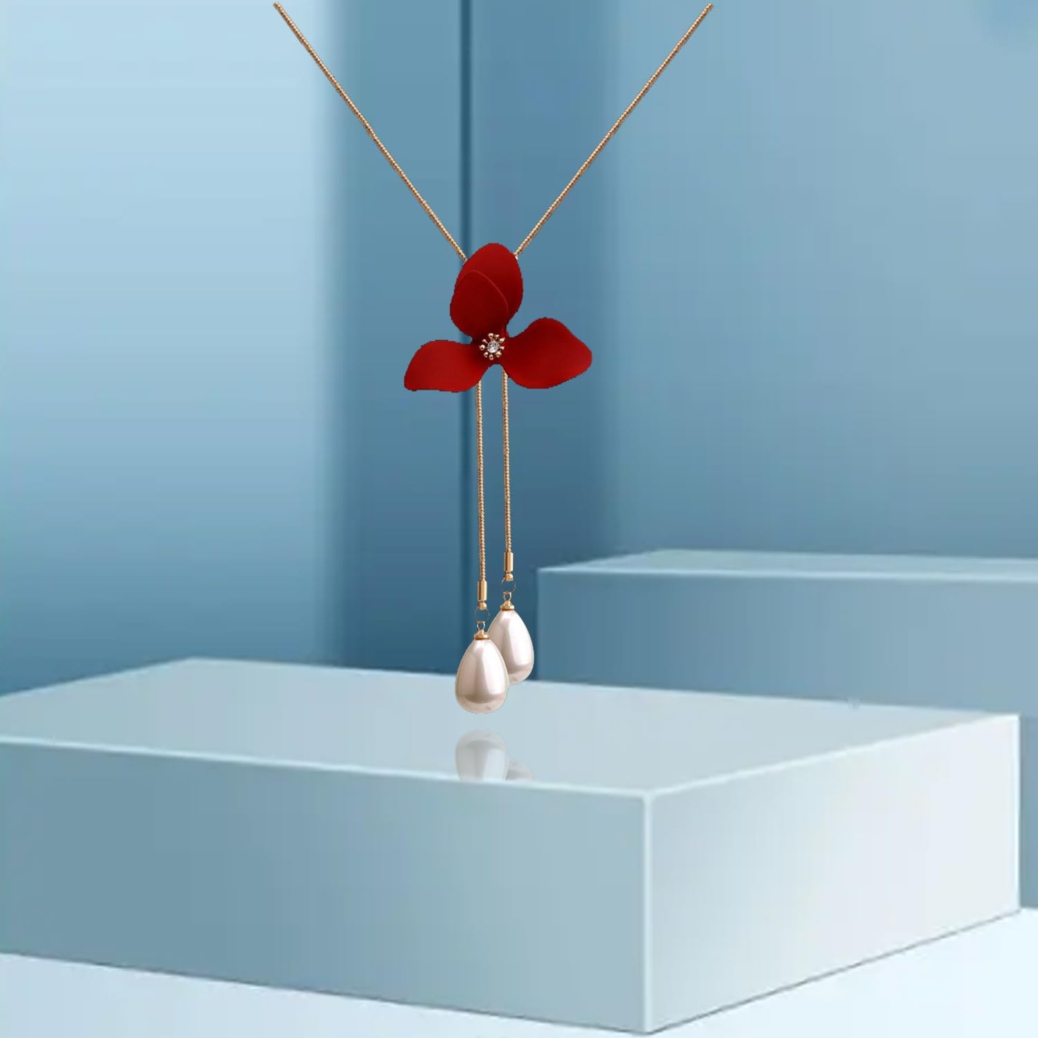 Crystal Flower Pendant Necklace Pretty Pearl Adjustable Long Sweater Necklace Fashion Jewelry for Women - Image 5