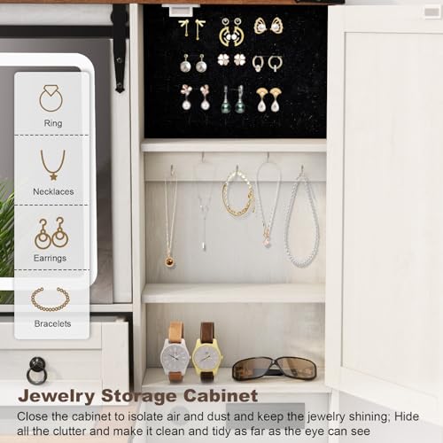 Image of Farmhouse Makeup Vanity Desk with Sliding Mirror and Lights, 42 Wood Vanity Table Set with Glass Top, Power Outlets, Jewelry Storage Cabinet, 4 Drawers, Stool for Country Room Decor, Antique White