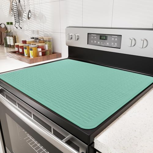 Stove Top Cover for Electric Stove - Food Grade Ceramic Stove top Cover, Silicone XXL Dish Drying Mat, Glass Cooktop Covers, Flat RV Range top Mats (Green Thickened,28x20)