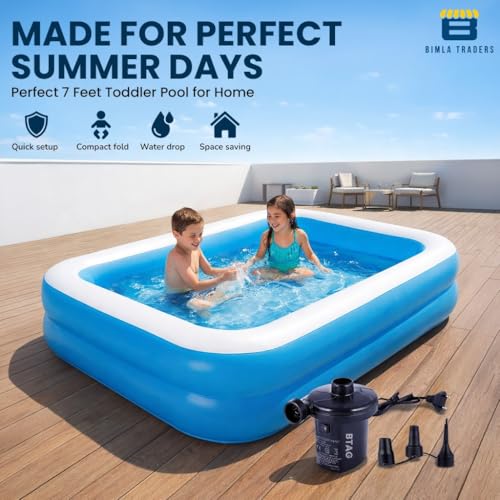 Image of Btag Premium Inflatable Family Swimming Pool for Kids & Adults | Extra-Large 7 Feet 3-Layer Striped Bath Tub with Electric Air Pump, 82x59x23 Inch for Home & Outdoor Use