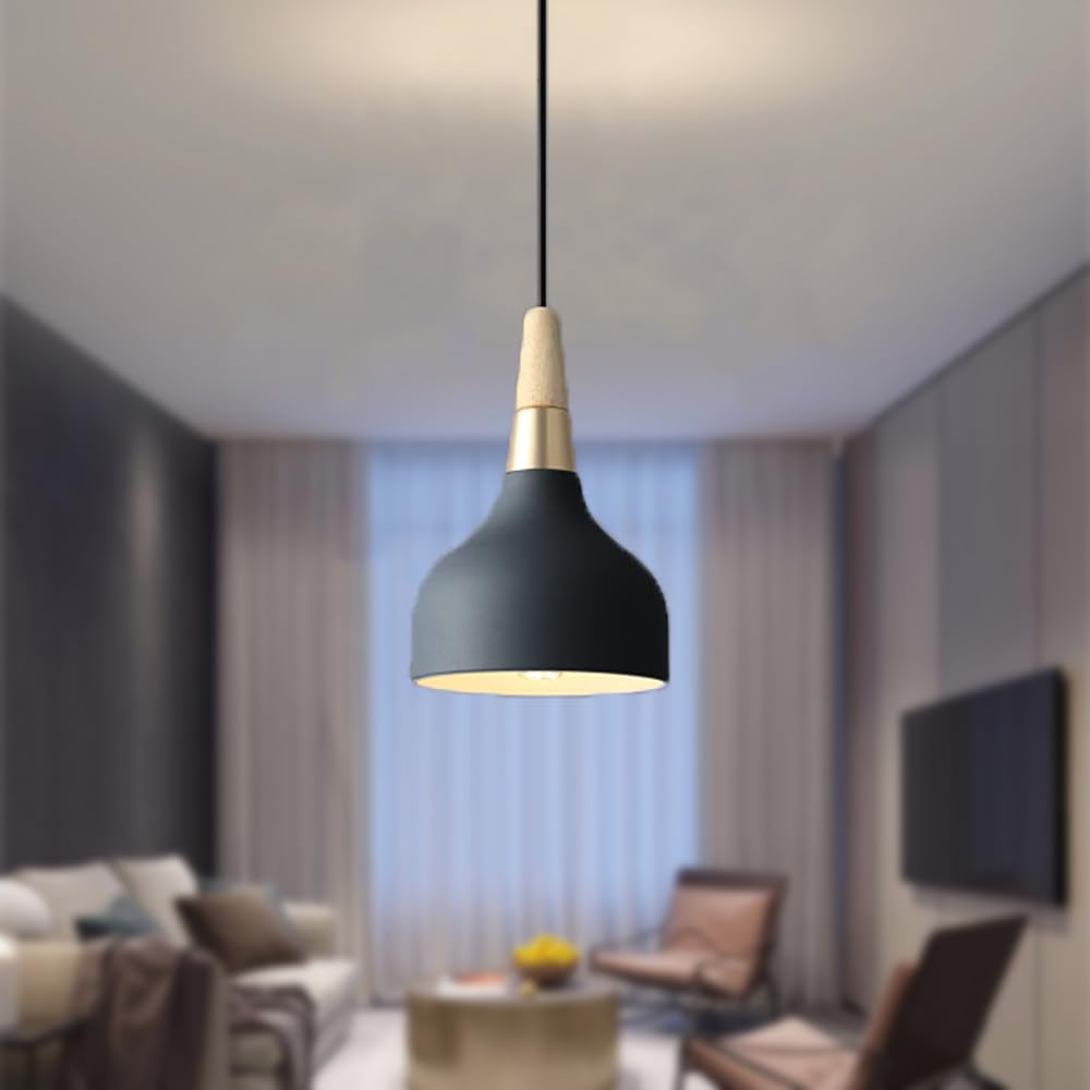Mengjay Retro Pendant Ceiling Lights Modern Drop Style Hat Lampshade E27 Ceiling Light Retro Light Fixture in Metal Wood Pendant Lamp for Bedroom, Dining Room, Kitchen (Black)
