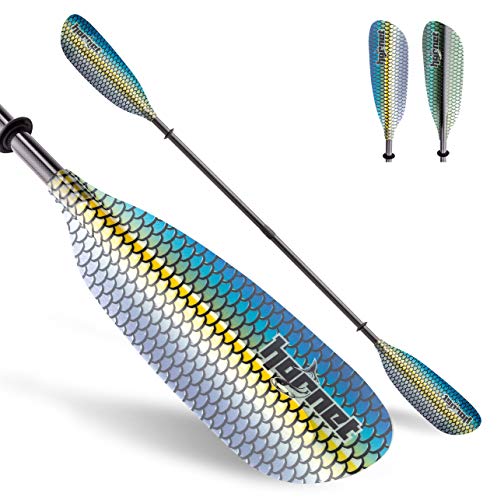 Hornet Watersports Graphic Fiberglass Kayak Paddle- Ideal for Touring, Fishing and Boating- 90.5 inches   230CM Adjustable with Carbon Fiber Shaft (Blue Scales)