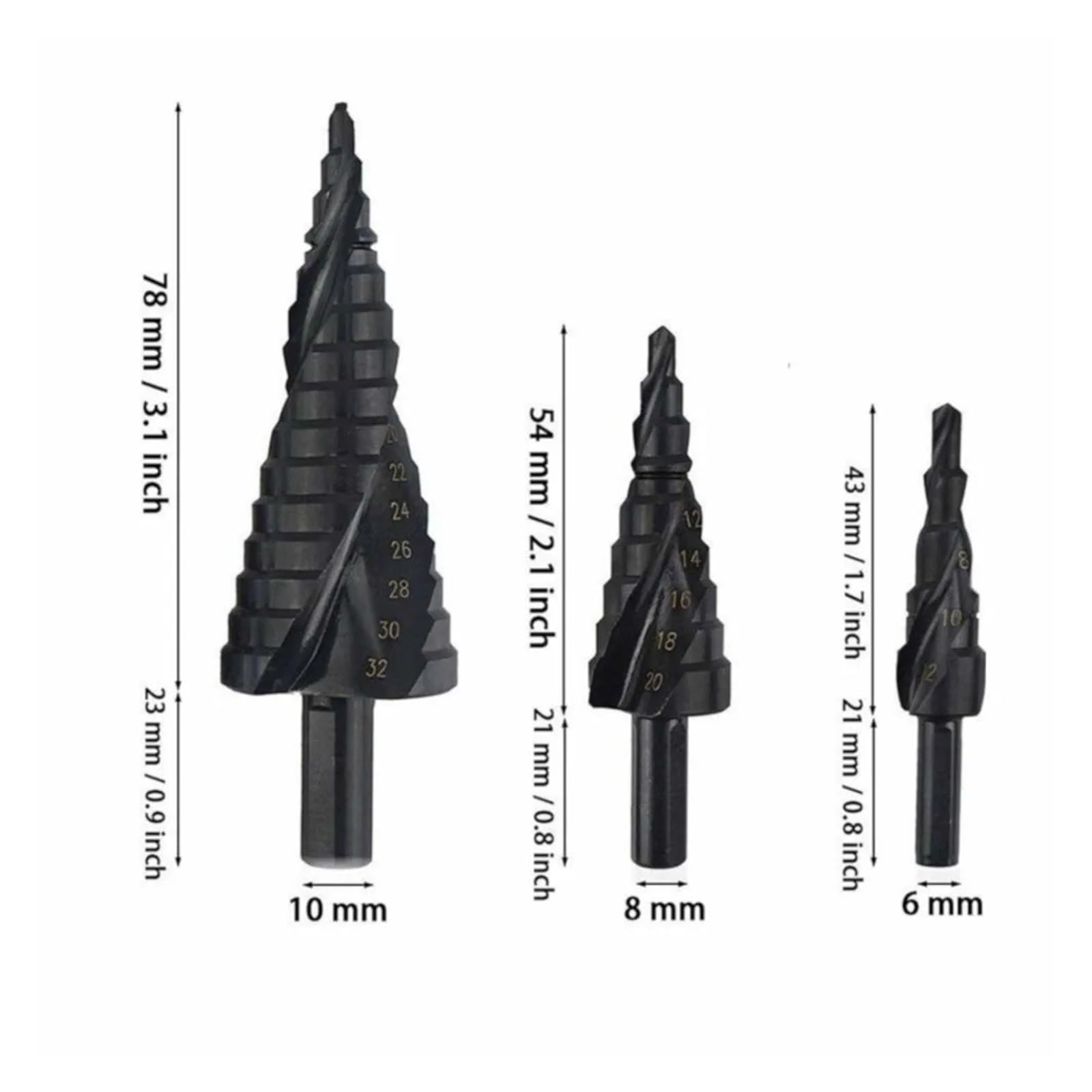 Juego de brocas escalonadas cobalto HSS 1/3 piezas | Acero de alta velocidad de 4–32 mm tratado con nitrógeno, con vástago triangular(3pcs No Box)