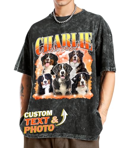 Tehg & Tuhg Custom T Shirts for Men with Dog Faces on Them Vintage Personalized Bootleg Rap Tees with Pets Name & Text for Girlfriend Gifts for Boyfriend on Birthday Anniversary