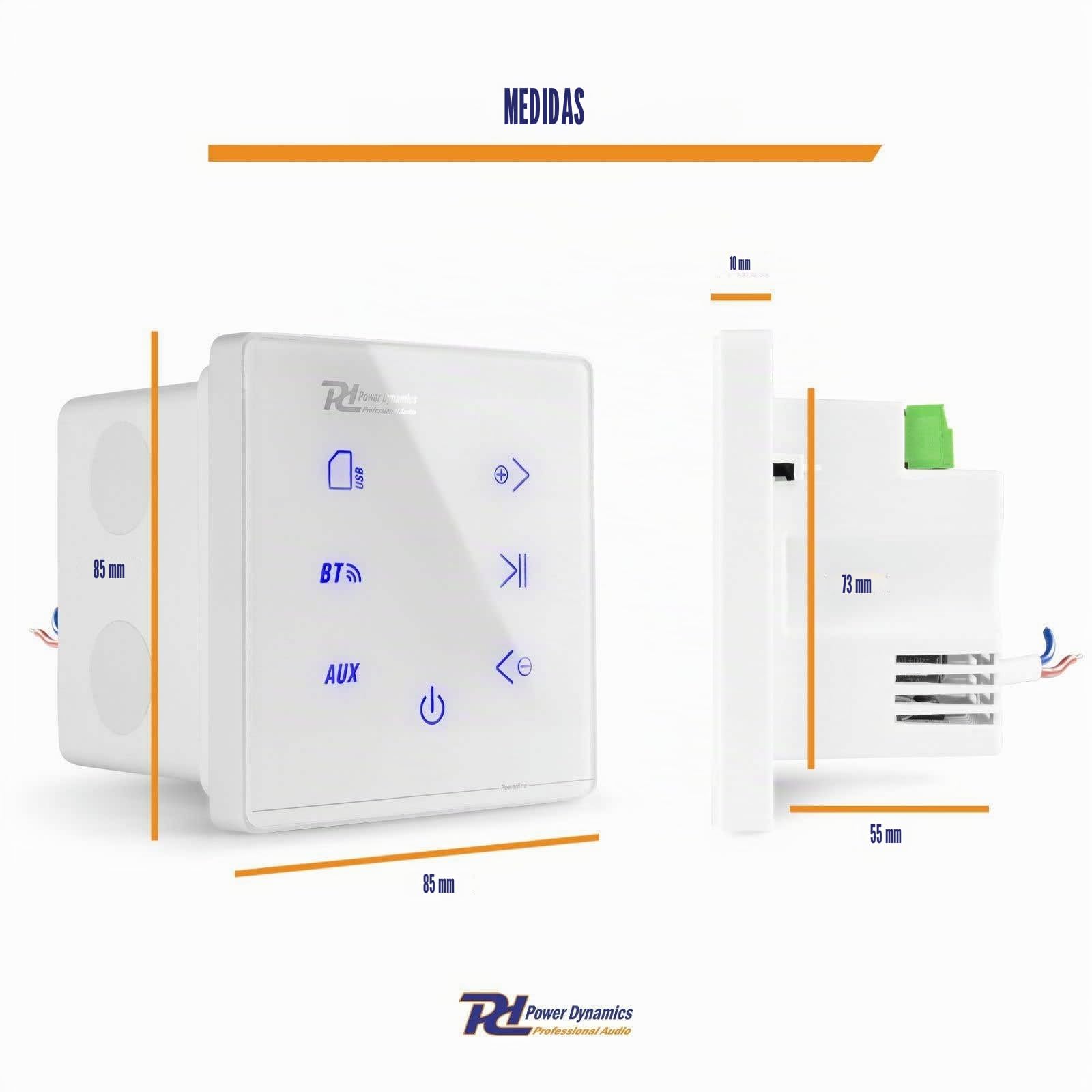 Power Dynamics Powerline A100W - Amplificador de Audio de Pared, 4 x 20 W, Receptor inalámbrico Bluetooth, USB y Micro SD, Pantalla táctil, Incluye Mando a Distancia, Ideal para Sonido de casa