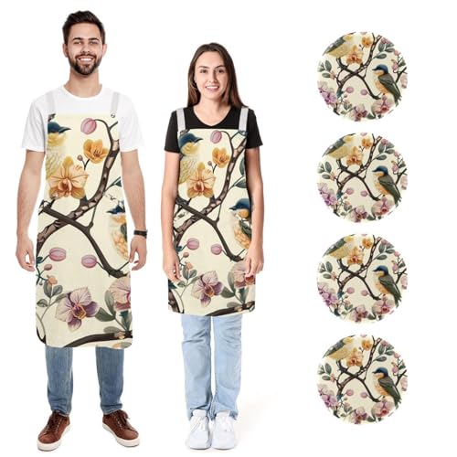 Tabliers de cuisine anti taches oiseaux et orchidées avec 2 poches