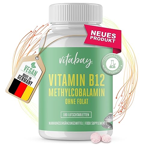 Vitabay Vitamin B12 500 µg Lutschtabletten hochdosiert ohne Folat – 180 vegane Tabletten – Vitamin B12 vegan Methylcobalamin Tabletten