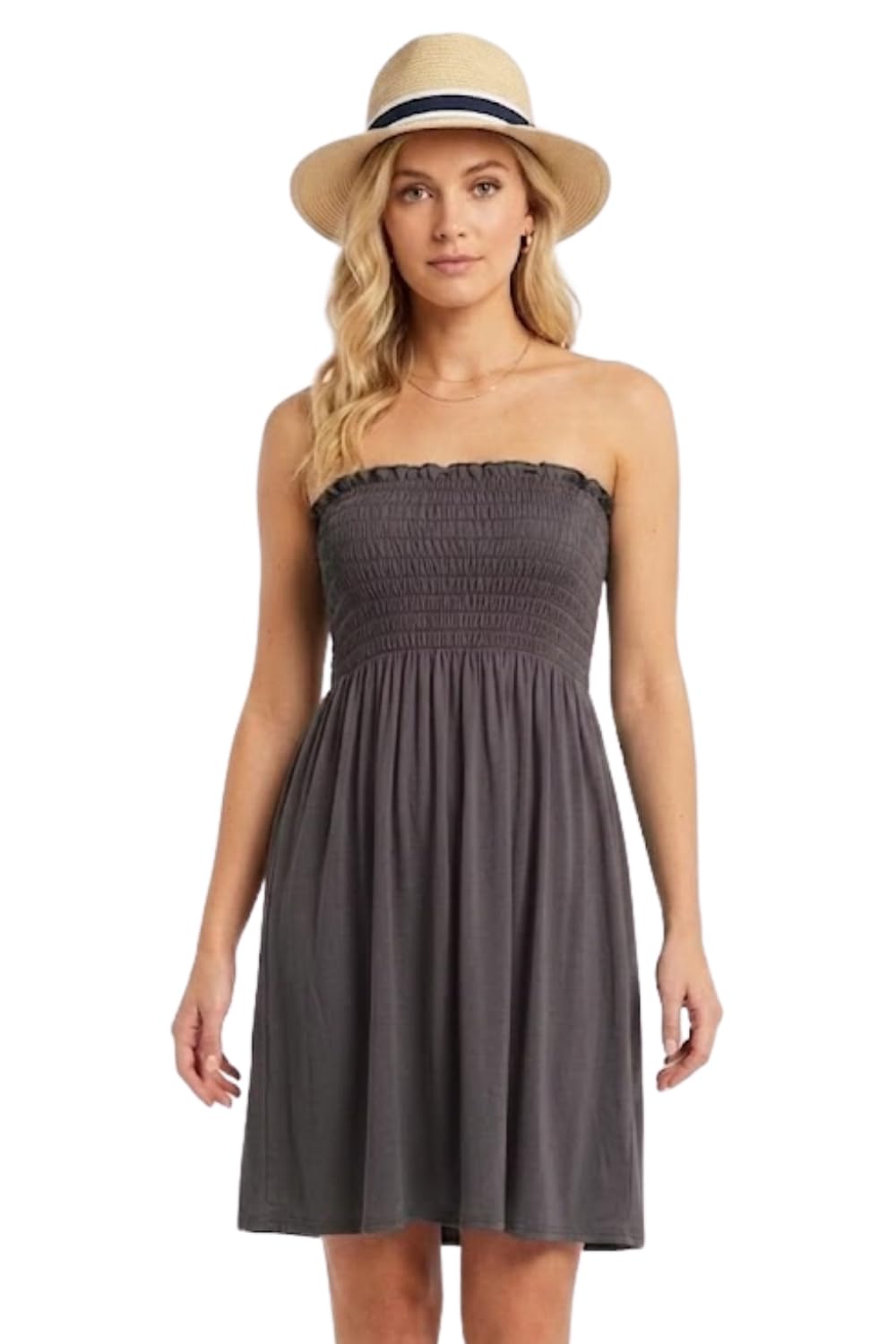NAZ Fashion Women Ladies Sheering Gather Bandeau Boobtube Plain Top Mini Dress Charcoal UK 20 to 22