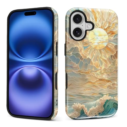 ZHEGAILIAN Case for iPhone 17,Shockproof Hard Shell Soft Silicone 2 in 1 Hybrid Shockproof Bumper Drop Protective Ocean Waves Sun Rays Stained Glass