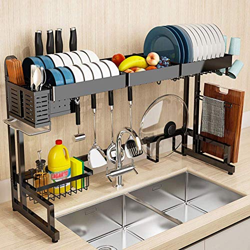 Geschirrkorb Mit Getränkehalter, über Waschbecken Geschirrtrockner, Edelstahl Geschirrablage Regal, Küchenorganisator Theke Silber 86cm (34inch)