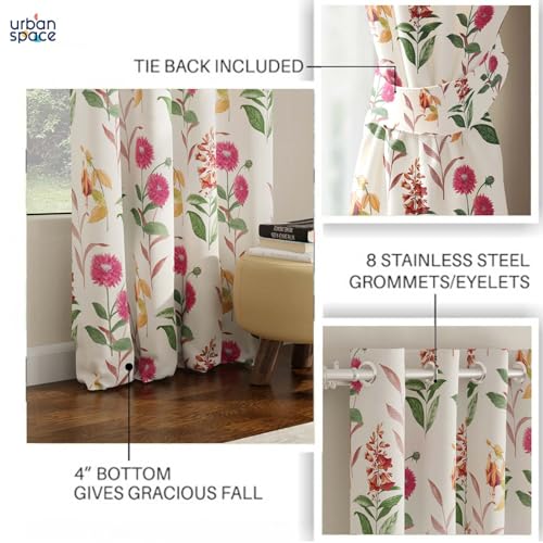 Image of Urban Space Blackout Curtains 7 Ft Set of 2 for Door, Digital Printed Curtains with Eyelets, 80-85% Room Darkening Curtains for Living Room, Tieback Included (Cone Flower - Pink, Door 7 ft Length)