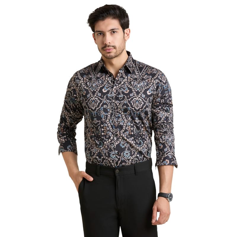 Image of MARK & ALBERT Men's Printed Full Sleeves Regular Fit Shirt Blue | 100% Cotton Stretchable Fabric