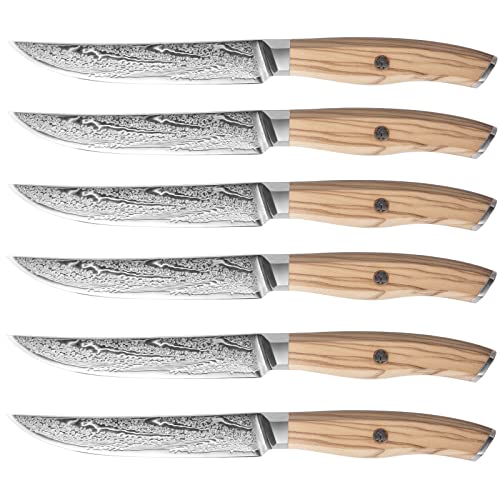 Fzkaly Steak Knives Set of 6 Damascus Premium Non Serrated Steak Knife Set with Natural Olive Wood Handle, 67-Layer Japanese Steel Straight Edge Blades – High End Steak Knives for Fine Dining & Gift